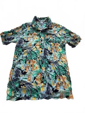 Bluey Tropical Hawaiian Button Front Shirt Small Cartoon Vacation Camp
